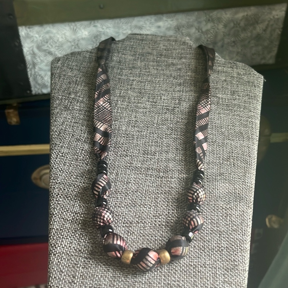 Vintage silky scarf wrapped metallic color rose black silver beaded necklace